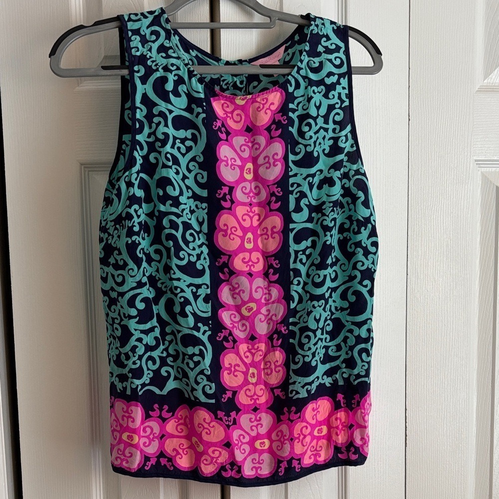 Lilly Pulitzer Silk Tank Blouse Medium Pink Blue Print Button Back Sleeveless - Picture 3 of 6